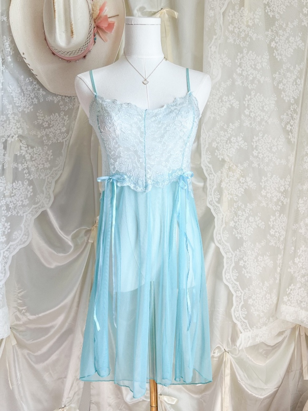 Baby Blue Lace Babydoll Slip Dress Sheer Fairy Coquette Nightie